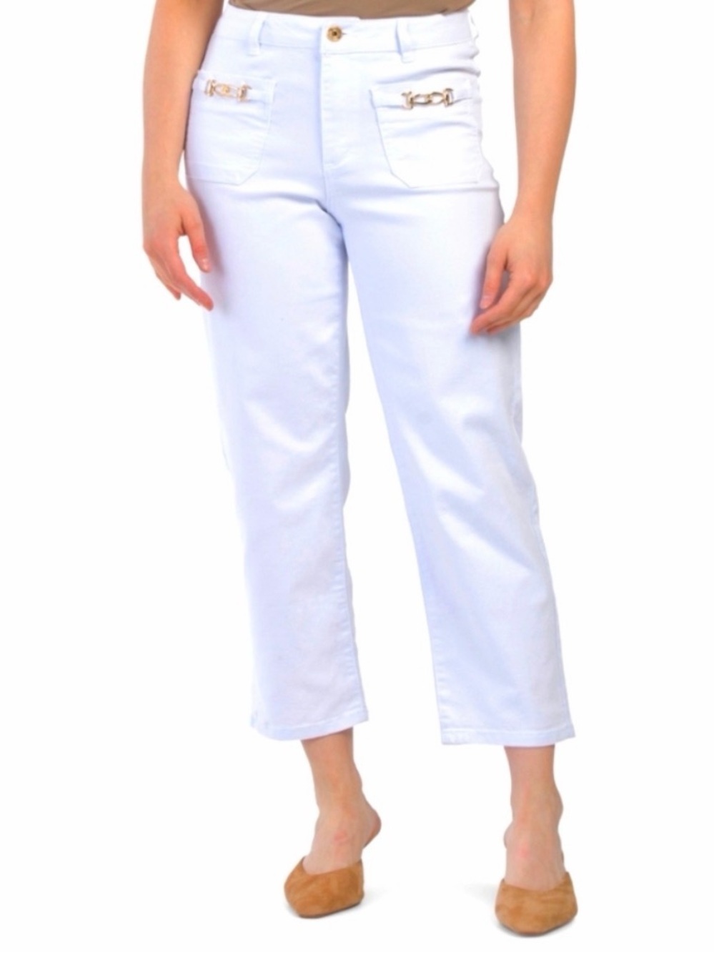 Camila Coelho White Cropped Straight-Leg Jeans with Gold Chain Accents Size 2